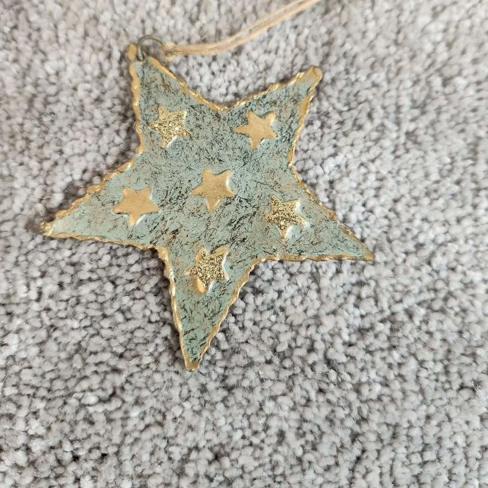 Metal Ornaments Green Gold Bird Star Rustic Verdigris Set of 2
